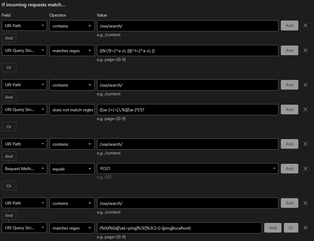 Cloudflare WAF rule blocking malformed SXA search requests